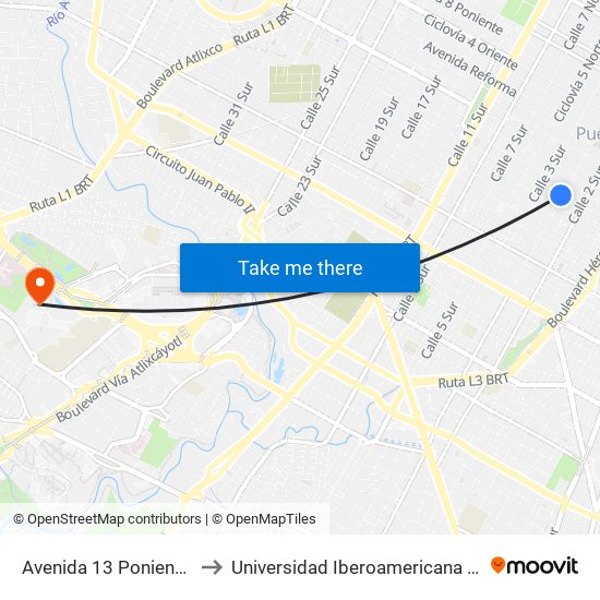 Avenida 13 Poniente, 97 to Universidad Iberoamericana Puebla map