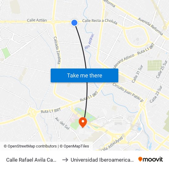 Calle Rafael Avila Camacho, 2 to Universidad Iberoamericana Puebla map