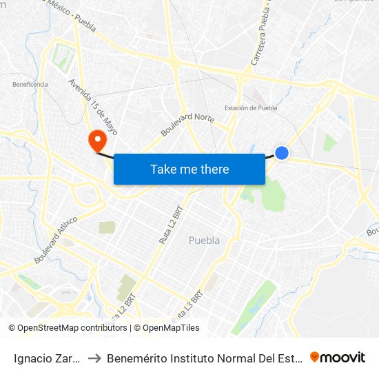 Ignacio Zaragoza-Sarabia to Benemérito Instituto Normal Del Estado General Juan Crisóstomo Bonilla map