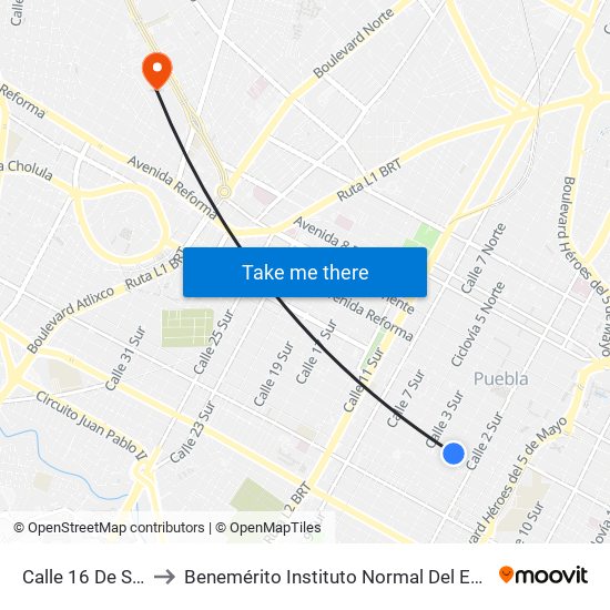 Calle 16 De Septiembre 1501 to Benemérito Instituto Normal Del Estado General Juan Crisóstomo Bonilla map