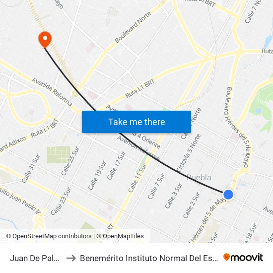 Juan De Palafox Y Mendoza to Benemérito Instituto Normal Del Estado General Juan Crisóstomo Bonilla map