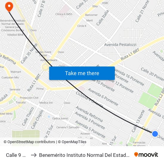 Calle 9 Norte, 267 to Benemérito Instituto Normal Del Estado General Juan Crisóstomo Bonilla map