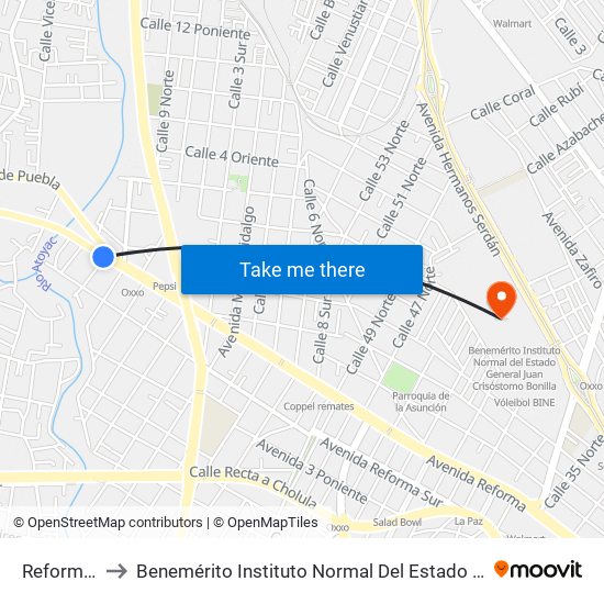 Reforma-13 Sur to Benemérito Instituto Normal Del Estado General Juan Crisóstomo Bonilla map