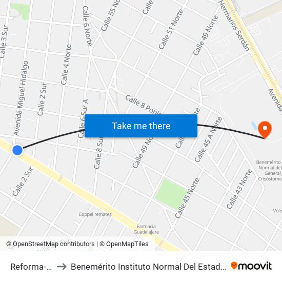 Reforma-M. Hidalgo to Benemérito Instituto Normal Del Estado General Juan Crisóstomo Bonilla map