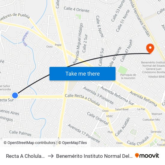 Recta A Cholula-Rafael Ávila Camacho to Benemérito Instituto Normal Del Estado General Juan Crisóstomo Bonilla map