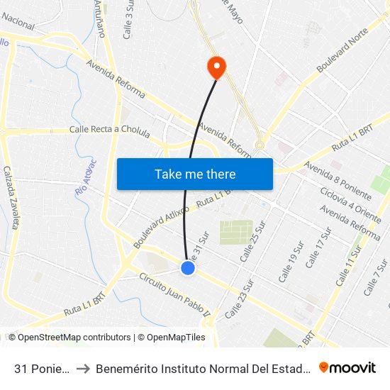 31 Poniente-31 Sur to Benemérito Instituto Normal Del Estado General Juan Crisóstomo Bonilla map