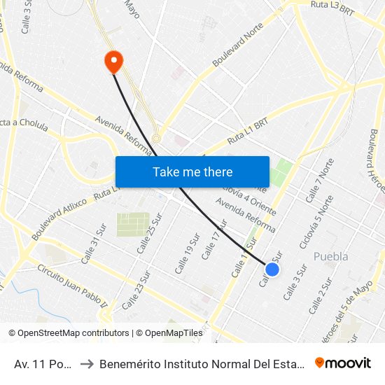 Av. 11 Poniente-7 Sur to Benemérito Instituto Normal Del Estado General Juan Crisóstomo Bonilla map