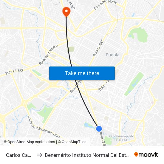 Carlos Camacho-14 Sur to Benemérito Instituto Normal Del Estado General Juan Crisóstomo Bonilla map