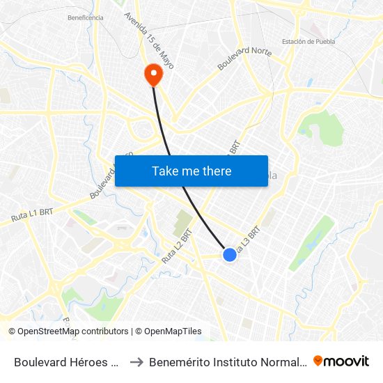 Boulevard Héroes Del 5 De Mayo Sn Bbv Bancomer to Benemérito Instituto Normal Del Estado General Juan Crisóstomo Bonilla map