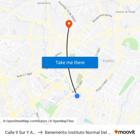 Calle 9 Sur Y Avenida 55 Poniente to Benemérito Instituto Normal Del Estado General Juan Crisóstomo Bonilla map