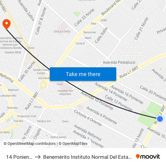 14 Poniente-11 Norte to Benemérito Instituto Normal Del Estado General Juan Crisóstomo Bonilla map