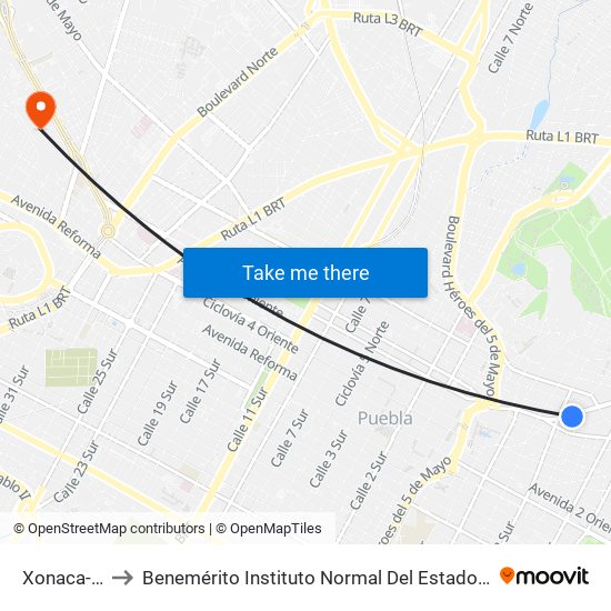 Xonaca-20 Norte to Benemérito Instituto Normal Del Estado General Juan Crisóstomo Bonilla map