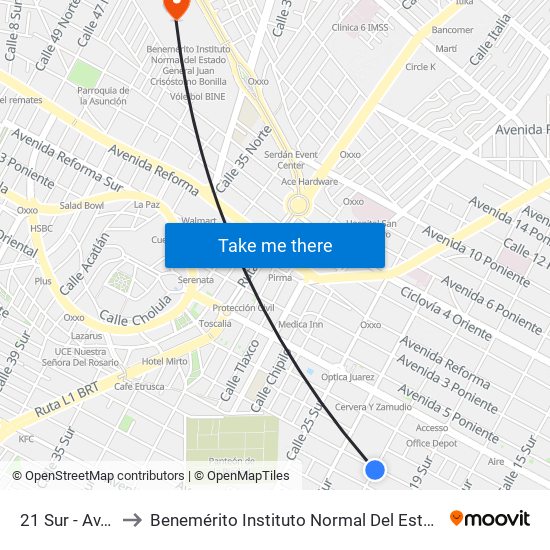 21 Sur - Av. 13 Poniente to Benemérito Instituto Normal Del Estado General Juan Crisóstomo Bonilla map