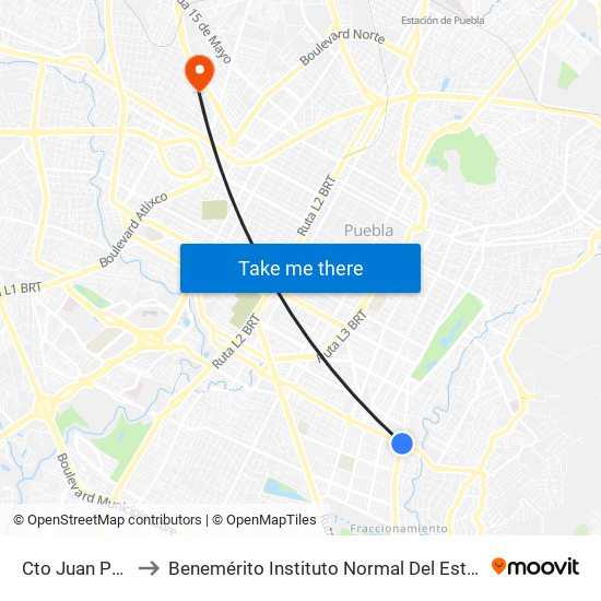 Cto Juan Pablo II - 24 Sur to Benemérito Instituto Normal Del Estado General Juan Crisóstomo Bonilla map