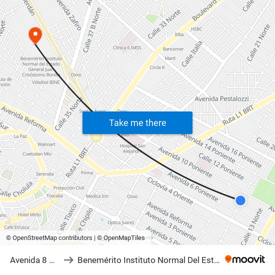 Avenida 8 Poniente, 1500 to Benemérito Instituto Normal Del Estado General Juan Crisóstomo Bonilla map