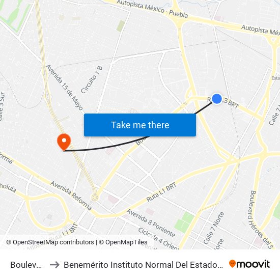 Boulevard Norte to Benemérito Instituto Normal Del Estado General Juan Crisóstomo Bonilla map