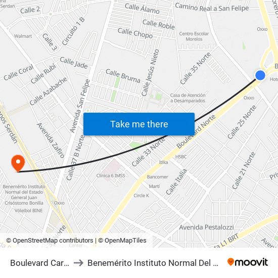 Boulevard Carmen Serdán, 4222 to Benemérito Instituto Normal Del Estado General Juan Crisóstomo Bonilla map