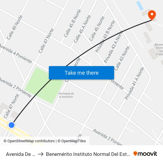 Avenida De La Reforma, 1 to Benemérito Instituto Normal Del Estado General Juan Crisóstomo Bonilla map