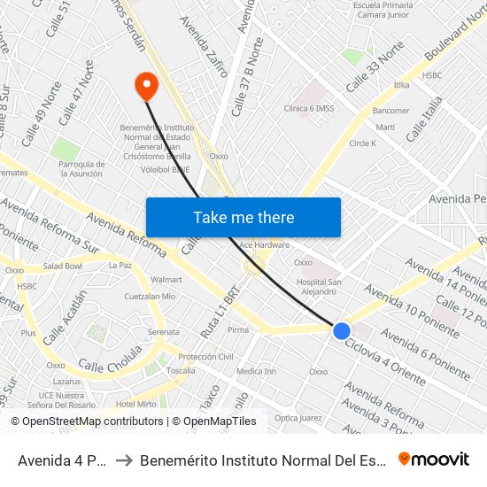 Avenida 4 Poniente, 2322c to Benemérito Instituto Normal Del Estado General Juan Crisóstomo Bonilla map