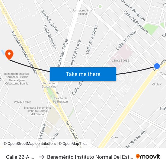 Calle 22-A Poniente, 3101 to Benemérito Instituto Normal Del Estado General Juan Crisóstomo Bonilla map