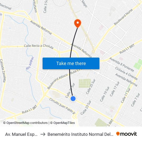 Av. Manuel Espinosa Yglesias-29 Sur to Benemérito Instituto Normal Del Estado General Juan Crisóstomo Bonilla map