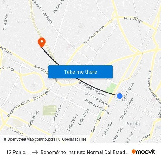 12 Poniente-9 Norte to Benemérito Instituto Normal Del Estado General Juan Crisóstomo Bonilla map