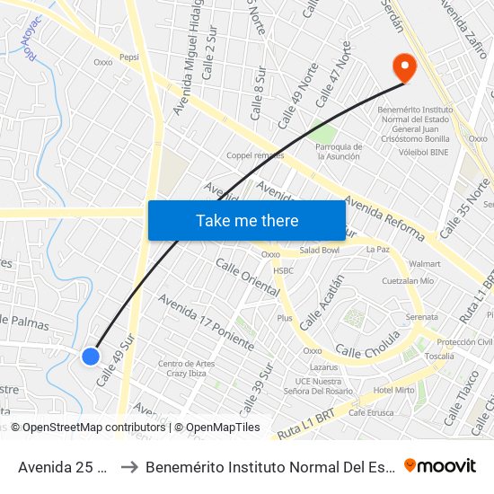 Avenida 25 Poniente, 5114a to Benemérito Instituto Normal Del Estado General Juan Crisóstomo Bonilla map