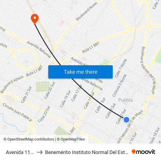 Avenida 11 Oriente, 402a to Benemérito Instituto Normal Del Estado General Juan Crisóstomo Bonilla map