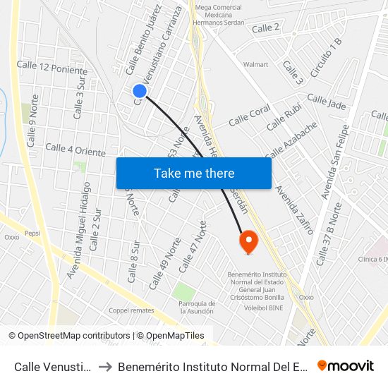 Calle Venustiano Carranza, 28 to Benemérito Instituto Normal Del Estado General Juan Crisóstomo Bonilla map
