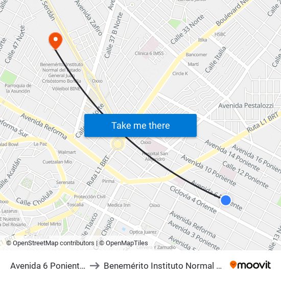 Avenida 6 Poniente Y Calle Diagonal 19 Norte to Benemérito Instituto Normal Del Estado General Juan Crisóstomo Bonilla map