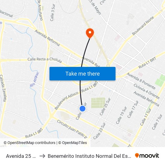 Avenida 25 Poniente, 3103 to Benemérito Instituto Normal Del Estado General Juan Crisóstomo Bonilla map