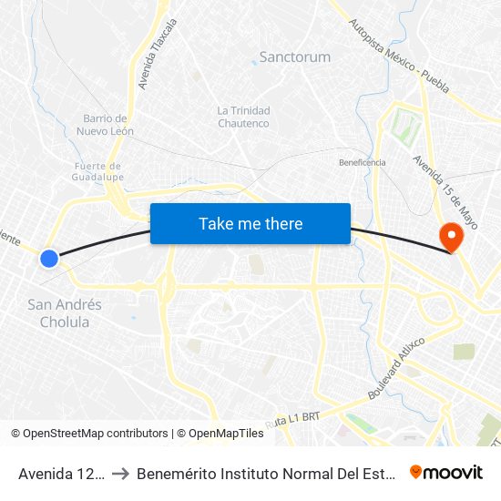 Avenida 12 Oriente, 412 to Benemérito Instituto Normal Del Estado General Juan Crisóstomo Bonilla map