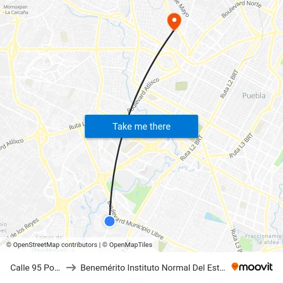 Calle 95 Poniente, 1902_2 to Benemérito Instituto Normal Del Estado General Juan Crisóstomo Bonilla map