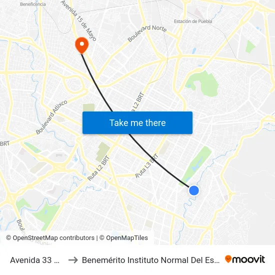 Avenida 33 Oriente, 3208_22 to Benemérito Instituto Normal Del Estado General Juan Crisóstomo Bonilla map