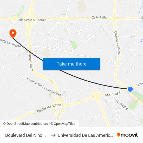 Boulevard Del Niño Poblano to Universidad De Las Américas Puebla map