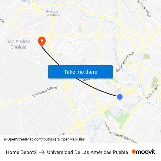 Home Depot2 to Universidad De Las Américas Puebla map
