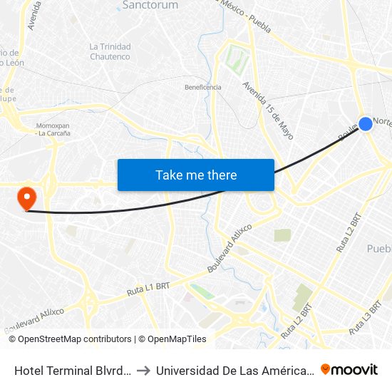 Hotel Terminal Blvrd. Norte to Universidad De Las Américas Puebla map
