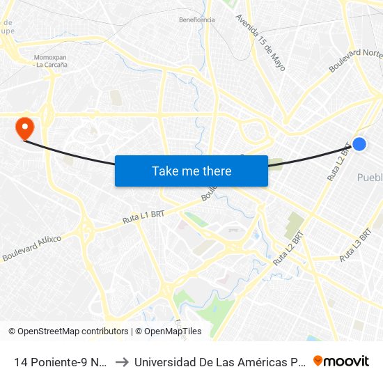 14 Poniente-9 Norte to Universidad De Las Américas Puebla map