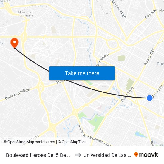 Boulevard Héroes Del 5 De Mayo Sn Bbv Bancomer to Universidad De Las Américas Puebla map