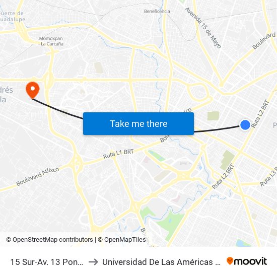 15 Sur-Av. 13 Poniente to Universidad De Las Américas Puebla map