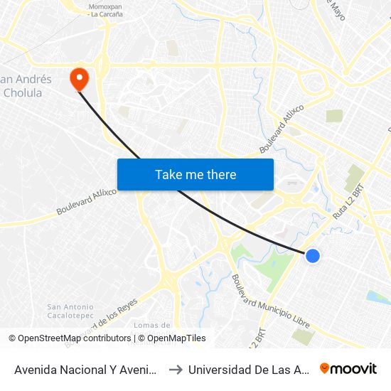 Avenida Nacional Y Avenida Las Margaritas to Universidad De Las Américas Puebla map