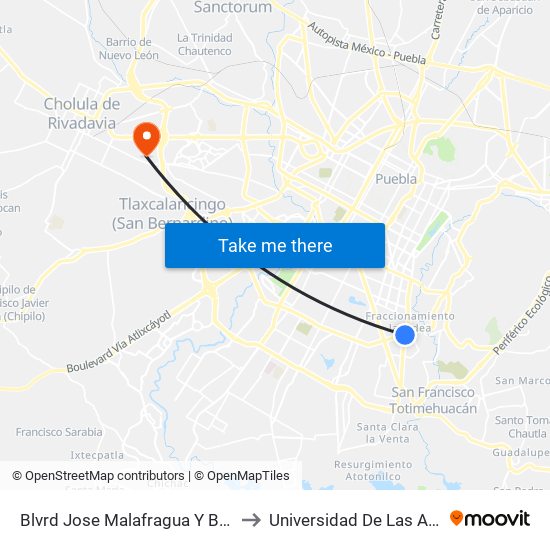 Blvrd Jose Malafragua Y Blvd Municipio Libre to Universidad De Las Américas Puebla map