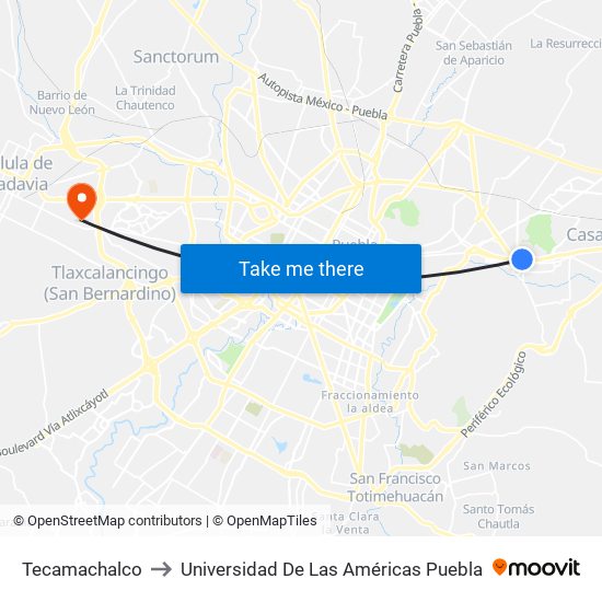 Tecamachalco to Universidad De Las Américas Puebla map