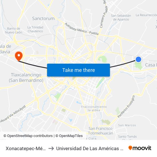 Xonacatepec-México to Universidad De Las Américas Puebla map