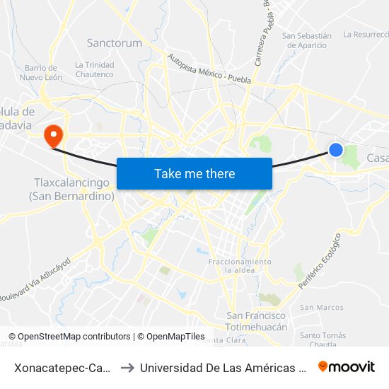 Xonacatepec-Capulin to Universidad De Las Américas Puebla map