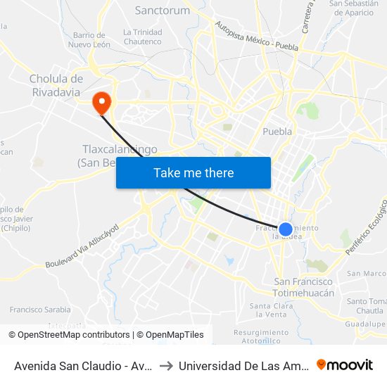 Avenida San Claudio - Av Rio Papagayo to Universidad De Las Américas Puebla map