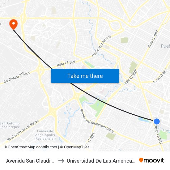 Avenida San Claudio 1406 to Universidad De Las Américas Puebla map