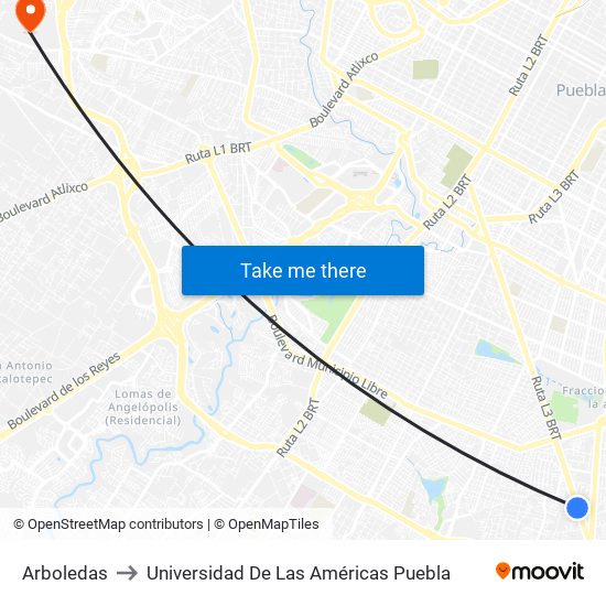 Arboledas to Universidad De Las Américas Puebla map