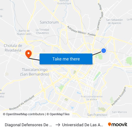 Diagonal Defensores De La República, 57 to Universidad De Las Américas Puebla map