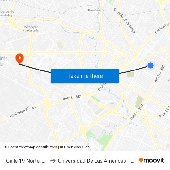 Calle 19 Norte, 205 to Universidad De Las Américas Puebla map